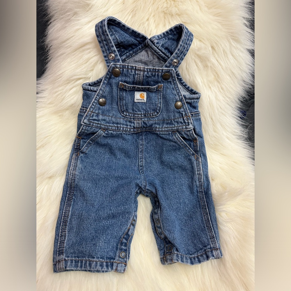 Carhartt size 6months denim overalls with snap legs and sides and straps
